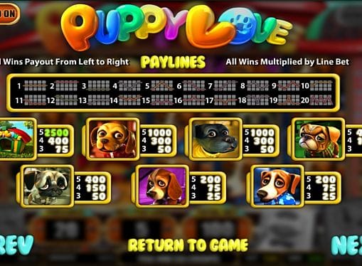 Таблица выплат и правила в игре Puppy Love онлайн